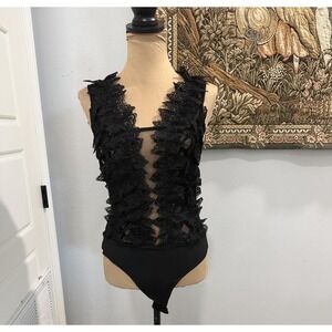 Valentine Bodysuit Womens Large Black Lace Sheer Sleeveless Plunge One‎ Piece